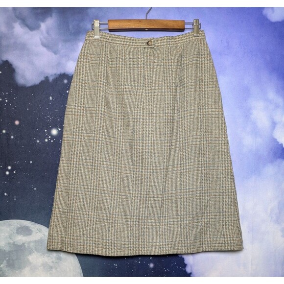 Vintage Wool Plaid A-Line Skirt Size 12 Brown Gray Academia Librarian Preppy - Picture 3 of 7
